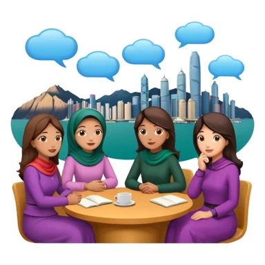 A group of Pakistani women sitting around and sharing knowledge, with talking bubble of Hong kong scenary in it sticker