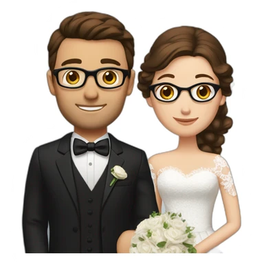 Wedding couple. Bride has brown hair pinned up. She wears lace dress. She has blue eyes. Groom has black suit and black vest. He has brown hair. He wears glasses. He has brown eyes t sticker