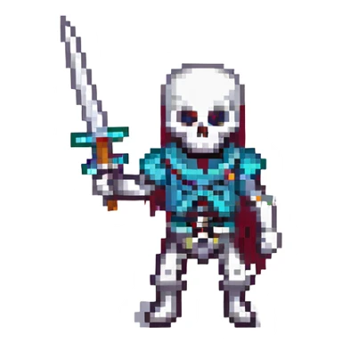 sword-wielding skeleton, pixel art, classic video game style sticker