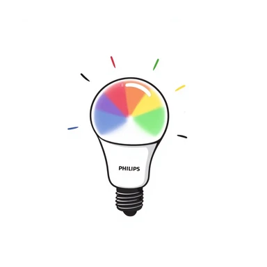 A hand-drawn Philips Hue smart bulb with app control and rainbow colors sticker