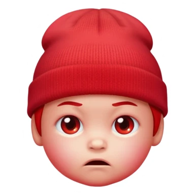 a baby red upset face emoji with a glowing pastel red gradient behind it, red beanie hat on sticker