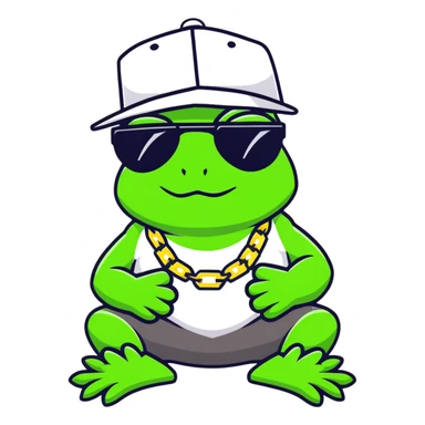 thug life frog with pixelated black sunglasses, gold chain, snapback hat, tough gangster pose sticker