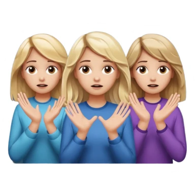 3 girls : one with wavy blond middle length hair, one with long straight long hair, one with dark blond middle length hair,  the girl in the center is puzzled with her hands to her head, question marks on the background sticker
