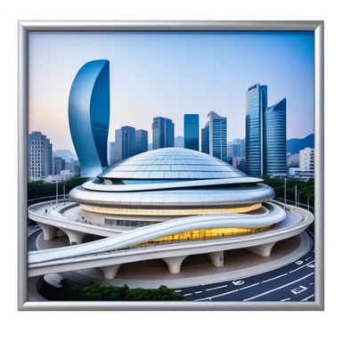 Realistic Dongdaemun Design Plaza (DDP) Landmark Emoji, featuring the iconic curving silver structure with futuristic architecture, illuminated pathways, and a sleek modern design set against the Seoul cityscape. sticker