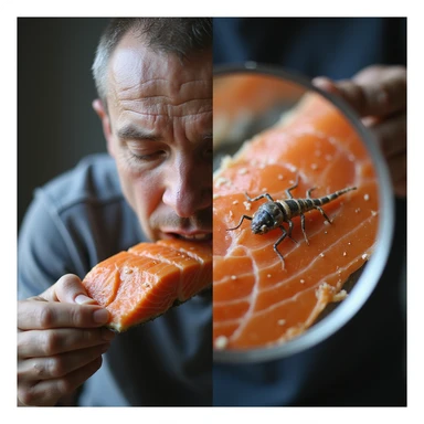 educational image split in half showing a man eating salmon on one side and a magnified view of the salmon slice with visible parasites on the other, realistic 4K style sticker