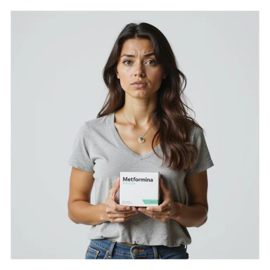 hyperrealistic 4K vertical 9:16 image of a woman with PCOS or insulin resistance standing on isolated white background, holding a box of Metformin with the word 'Metformina' clearly visible, expression disappointed or frustrated sticker