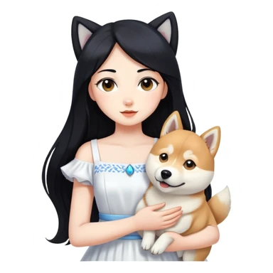 A girl with long black hair wearing white dress holding a Husky and a Shiba Inu. sticker