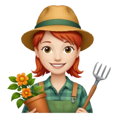 red hair gardener holding gardening tools, with hat sticker