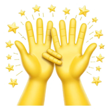 A 3D digital emoji of two yellow cartoon hands doing a joyful high five, palms clapping together in the air, with bright sparkles and motion lines to show excitement and celebration, Apple emoji style sticker