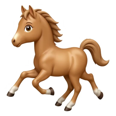 3D Apple-style emoji of a running foal. Small young horse with light brown body, short mane, big eyes, rounded and glossy, smooth shading, white background.

 sticker