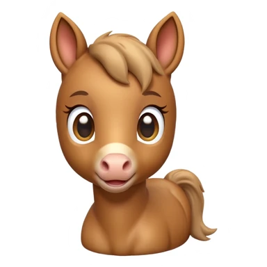 3D Apple-style emoji of a cute foal (young horse). Small body, big eyes, short mane, light brown color, rounded and glossy, smooth shading, white background.
 sticker