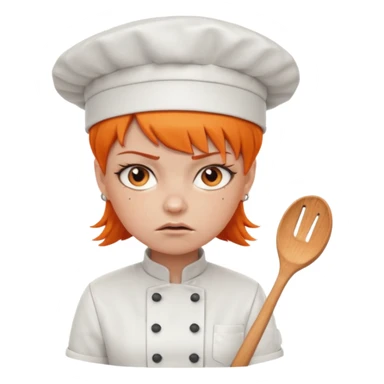 girl, Short orange hair, angry, wearing chef uniform and chef hat sticker