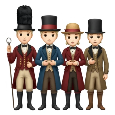 group of 19th century people, full body, period-appropriate clothing and hats, standing together, expressive faces, no text sticker