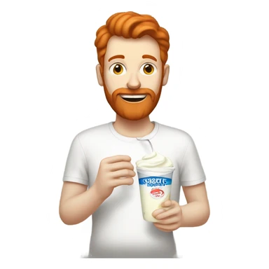 Tall white man short red hair and beard eating a vanilla yogurt from a long plastic baggie sticker