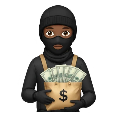 Black Ski mask holding bags of money with  skin color black sticker