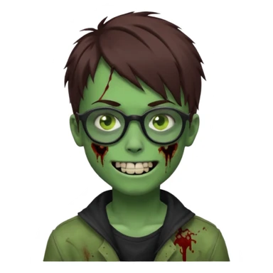 Zombie emo boy, green skin and brown hair, black glasses and a scary smile, scars and blood under eyes sticker