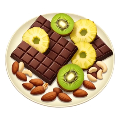 Evening snack plate with dark chocolate squares, mixed nuts, kiwi slice and pineapple chunks sticker