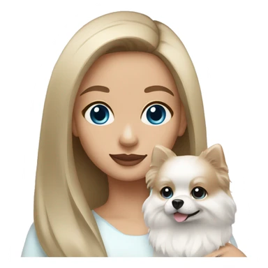 Brunette girl with light skin and blue eyes holding a white pomeranian  sticker