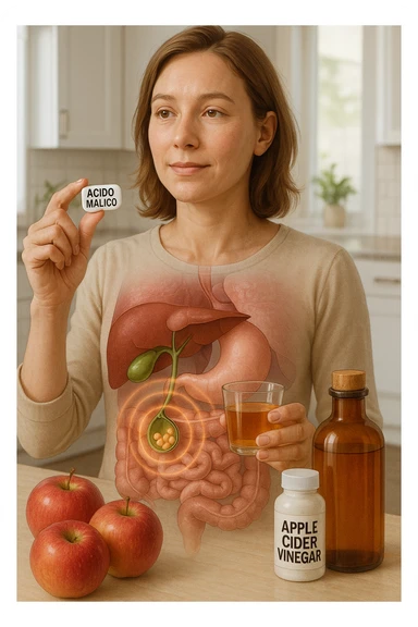 A detailed, realistic illustration or photo-style image showing a person holding a small glass of apple cider vinegar in one hand and a capsule labeled ‘Acido Malico’ in the other. In the foreground or as an overlay, a semi-transparent anatomical view of the abdomen highlights the gallbladder with visible small gallstones inside. Around the gallstones, gentle glowing waves or soft dissolving effects symbolize the softening or breakdown of the stones due to the natural acids. The person looks hopeful and calm, in a bright kitchen setting with fresh apples and natural health products on the counter. The overall mood is informative, natural, and hopeful about non-invasive, natural support for gallstone health sticker
