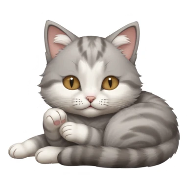 grey and white small cat with its eyes closed lying down with its paw holding up his head sticker