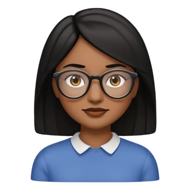 A woman emoji with medium-dark skin, straight shoulder-length black hair parted to the side, an oval-shaped face, arched dark eyebrows, large brown eyes with glasses, a small nose, and natural-toned lips. sticker
