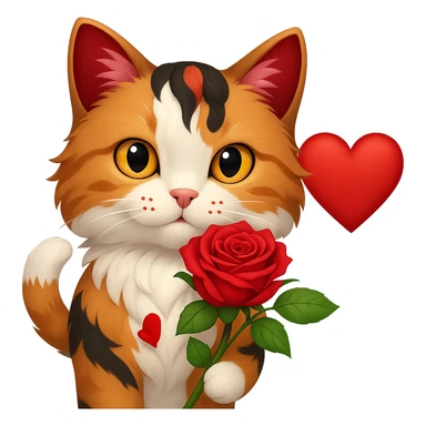 Add a heart to the tricolor cat holding a rose, keep the background transparent. sticker