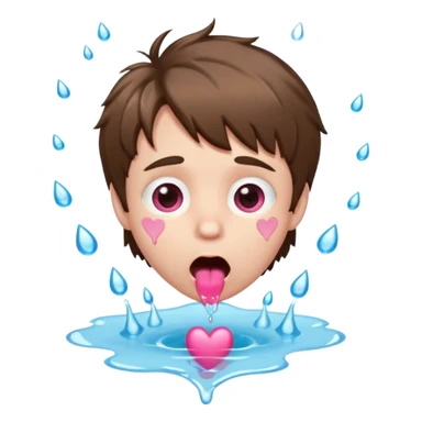 Pale Boy with shaggy brown hair, pink heart shaped eyes looking up , mouth open , water drop dripping from lips sticker