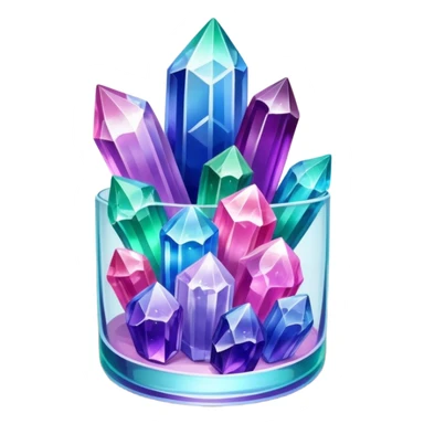 Close-up of vibrant, multicolored crystals growing in a glass container on a wooden table. Crystals in shades of purple, blue, green, pink, and clear are forming in various shapes and sizes. Soft light shines on them. Cozy indoor setting with plants and soft decor in the background. sticker