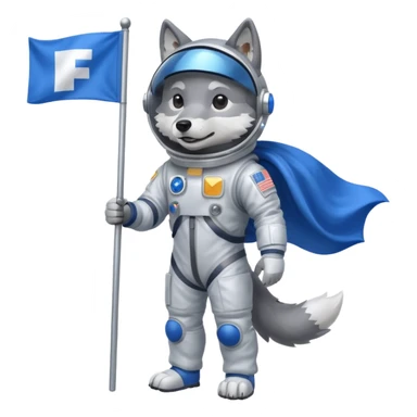 a wolf in space suit, holding blue rectangle flag, full body sticker