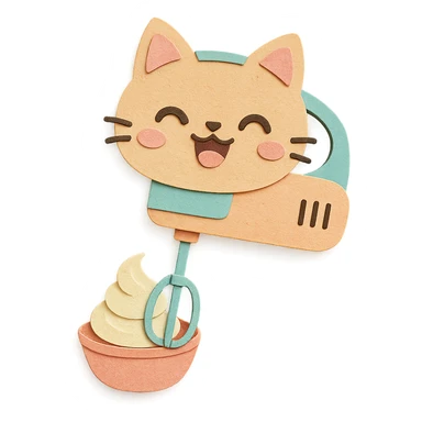 chibi cat-shaped electric whisk, spinning cream with a joyful expression, pastel colors, full-body sticker