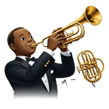 Icon for Jazz Music: collage of Louis Armstrong with his trumpet and Glenn Miller with his orchestra. Silhouettes of musicians, brass instruments, and musical notes. The design should convey the classic, smooth vibe of jazz. Transparent background. sticker