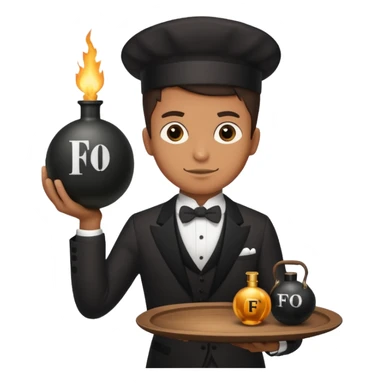 A butler holding a platter with an old-fashion bomb on it with the letters FO on the bomb sticker