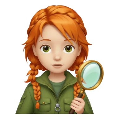 braid orange haired girl kid in moss green explorer outfit, holding magnifying glass sticker