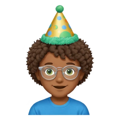 A boy with curly brown hair and green eyes with a happy face, and wear square glasses.He’s also got a full silver birthday party hat on his head with blue pom poms on top of it, and his T-shirt is all black, he wears a little gold circle earrings on his left  sticker