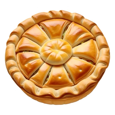 Cinematic Realistic Burek sa Sirom Dish Emoji, showcasing a flaky pastry filled with cheese rendered with crisp textures and appetizing, warm lighting. sticker