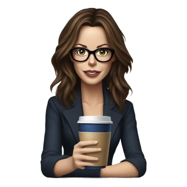 Hyper Realistic Kate Beckinsale dark blue eyes wearing glasses drinking coffee at a laptop  sticker
