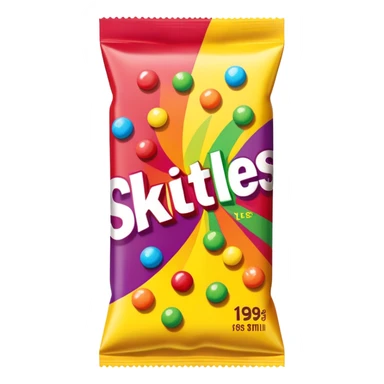 A Skittles candy package from the 1990s with extreme 90s American design, wild patterns, vibrant colors sticker