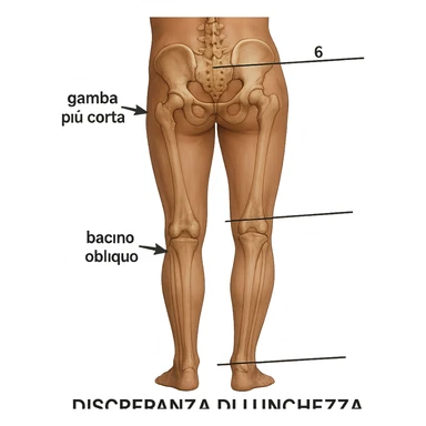 Medical style hyperrealistic posterior view highlighting the difference in leg length: one leg visibly shorter than the other, pelvis tilted for compensation. Add arrows, reference lines, and an anatomical caption in Italian to make the concept immediately understandable. Remove background. Variation 4. sticker