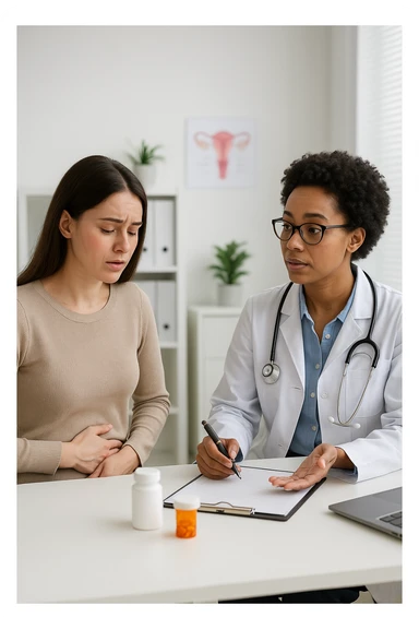 Donna con problemi di ciclo mestruale, quindi vuole dei farmaci per risolvere sticker