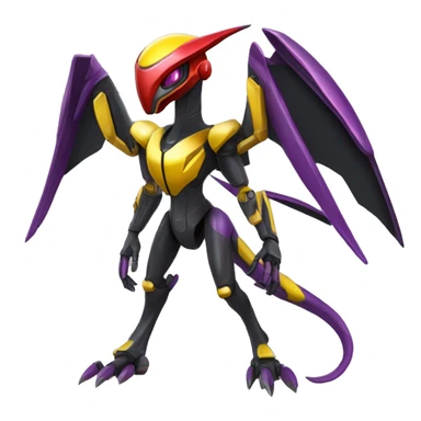 a shiny black-purple-red-yellow Genesect-Flygon-Raptor-Fakémon-Medabot-hybrid with a futuristic visor-helmet full body sticker