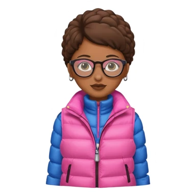 brown skin woman with glasses pink puffer vest sticker