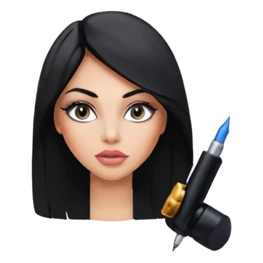 Glamours, tanned, very beautiful girl, with big pump peach-beige-rose lips, eyeliner, long lashes, black straight smooth silky long hair, straight parting hair, blue-grey eyes in black clothes for working profile sticker