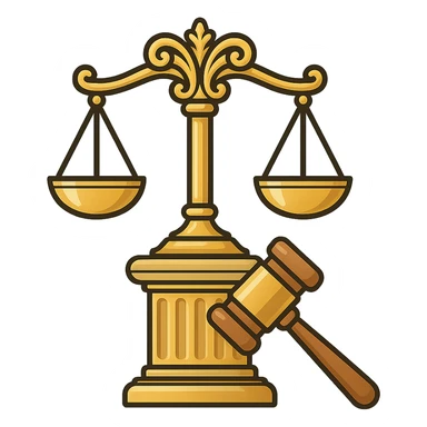 Vector illustration of a classic symbol of law (e.g. scales of justice, gavel, courthouse column), designed with elegant and refined lines. Include intricate golden detailing, soft gradients for a polished metallic look, and realistic shadows and highlights for depth. Style should be clean and professional, with a modern yet timeless feel. Transparent background sticker