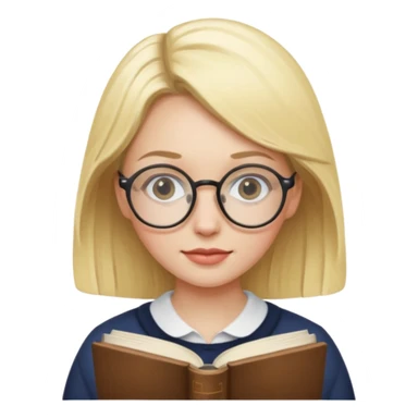 Blonde woman with round glasses and book sticker