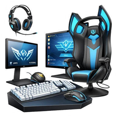 An icon featuring a gaming setup with a high-tech monitor displaying a competitive game, a keyboard, and a gaming mouse. The design includes a headset and a trophy, symbolizing victory and skill in esports. Transparent background highlights the energy and precision of professional gaming. sticker