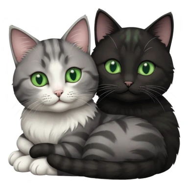 1 grey cat with pastal green eyes and 1 black with green eyes cat cuddling sticker