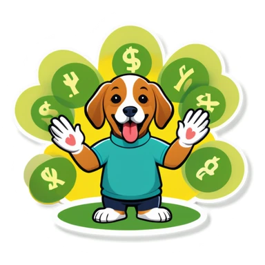 dog clapping hands and counting money  sticker