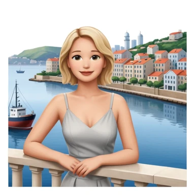 jennifer lawrence, leaning on a balcony with a harbor and cityscape in the background, smiling, closeup portrait  sticker