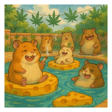 hamsters at a stoner cult pool party, cheese floats, weed leaves, and silly expressions, Ghibli style sticker