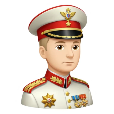 Russian military general in formal uniform with medals and epaulettes, turned slightly to the left, military hat, profile view sticker